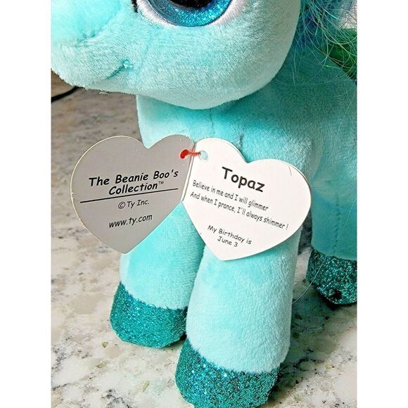 Ty Beanie Boos TOPAZ The Little Pony Teal Glitter Green Blue Iridescent Hair NWT - Picture 8 of 8